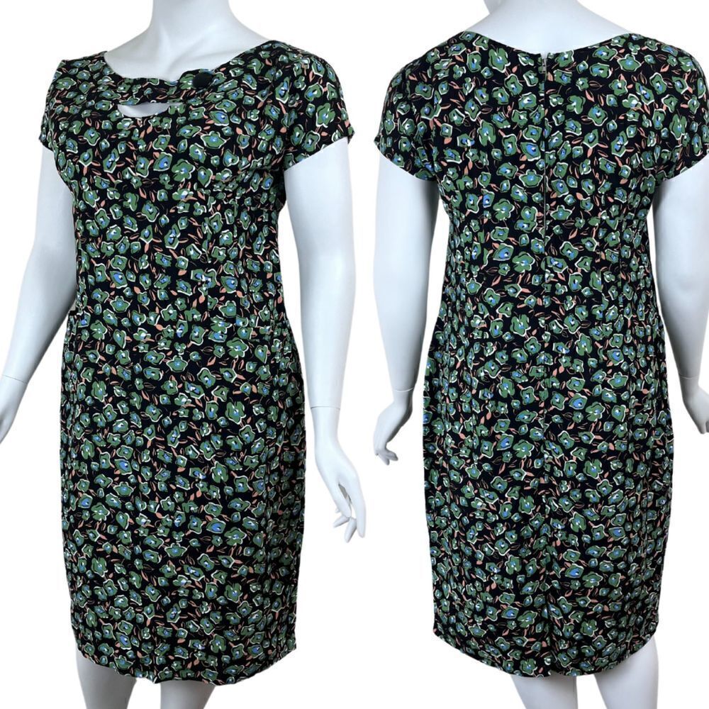 Tatyana Sierra Women Size 1X Green Linen Abstrect Floral Sheath Midi Dress Retro